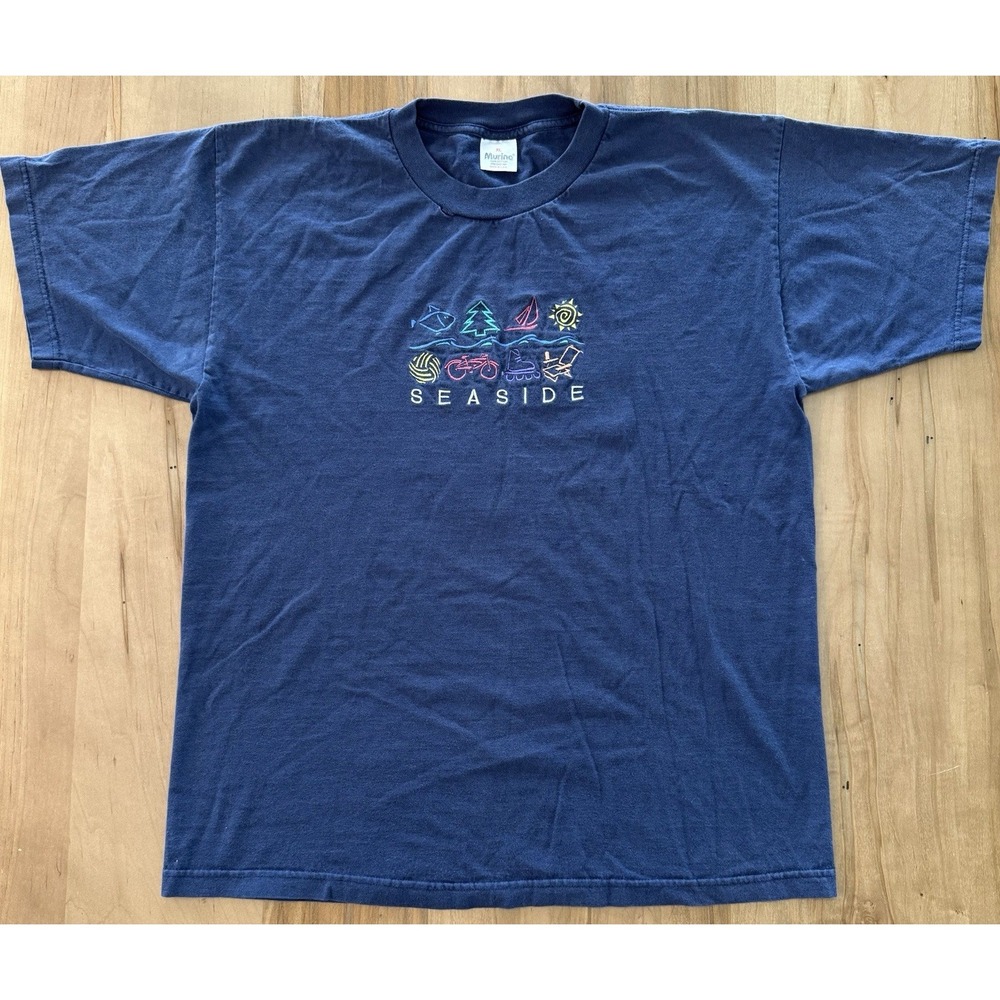 Vintage Murina Seaside Oregon T-Shirt XL 90s Navy Blue USA Made Embroidered